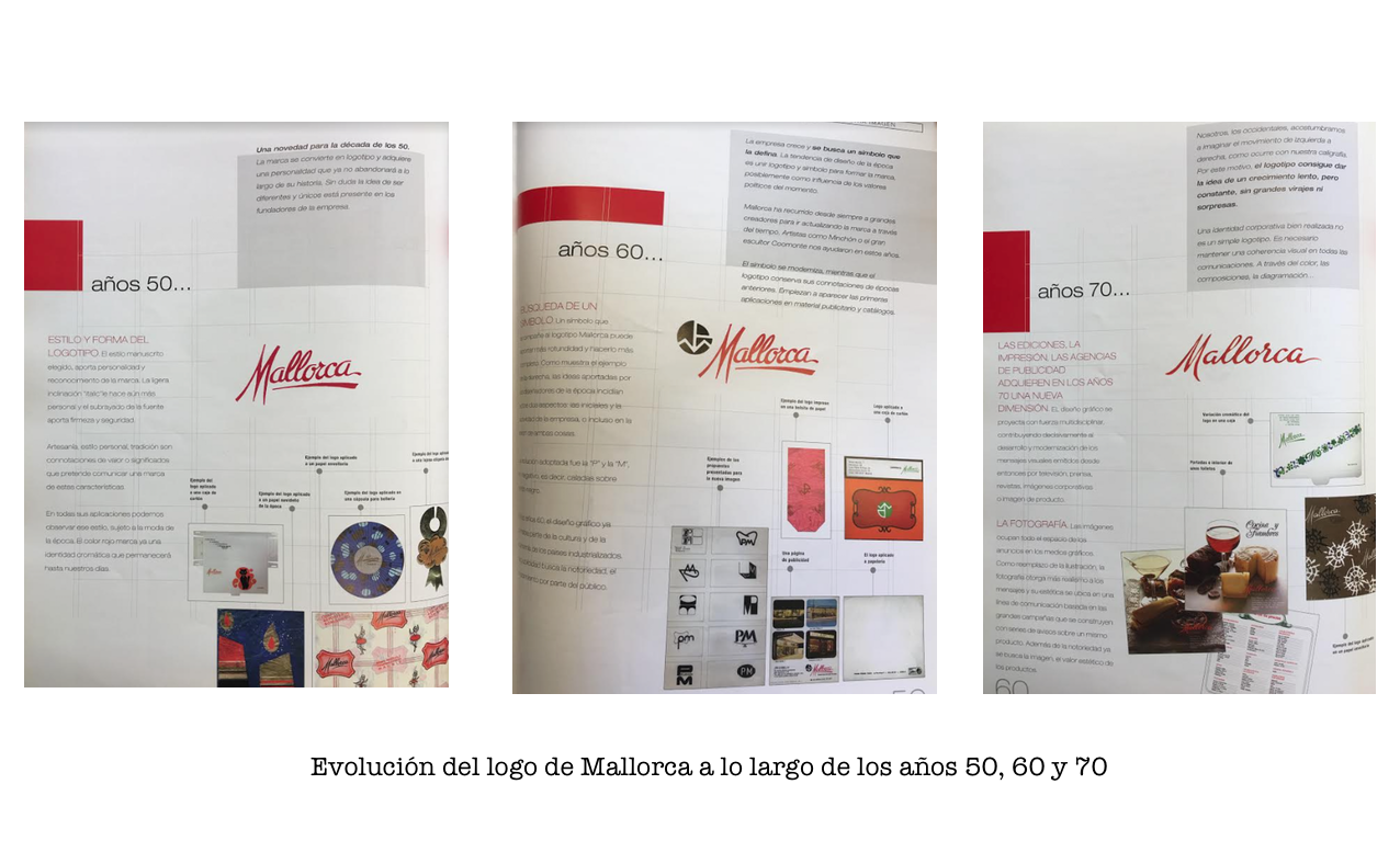 Evolución del logo de Pastelería Mallorca a lo largo de las décadas de 1950, 1960 y 1970